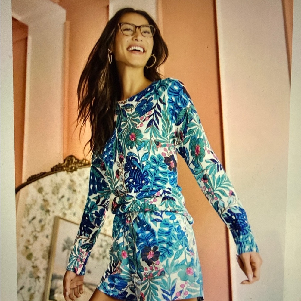 Lilly Pulitzer Salima Sweater - Breezy Aqua Best Fronds Forever - L